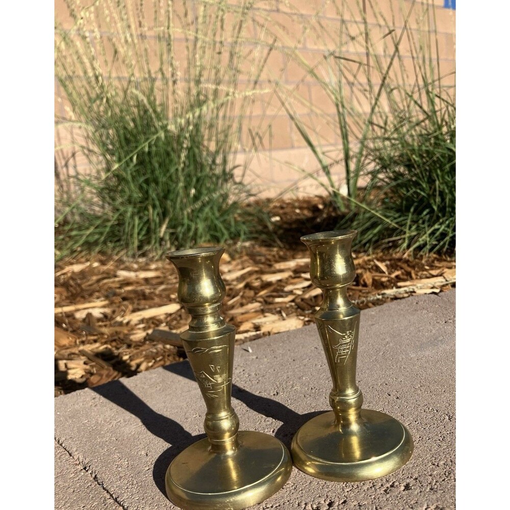 VTG Brass Candlesticks Pair 5” Etched Asian Agora Temple Design